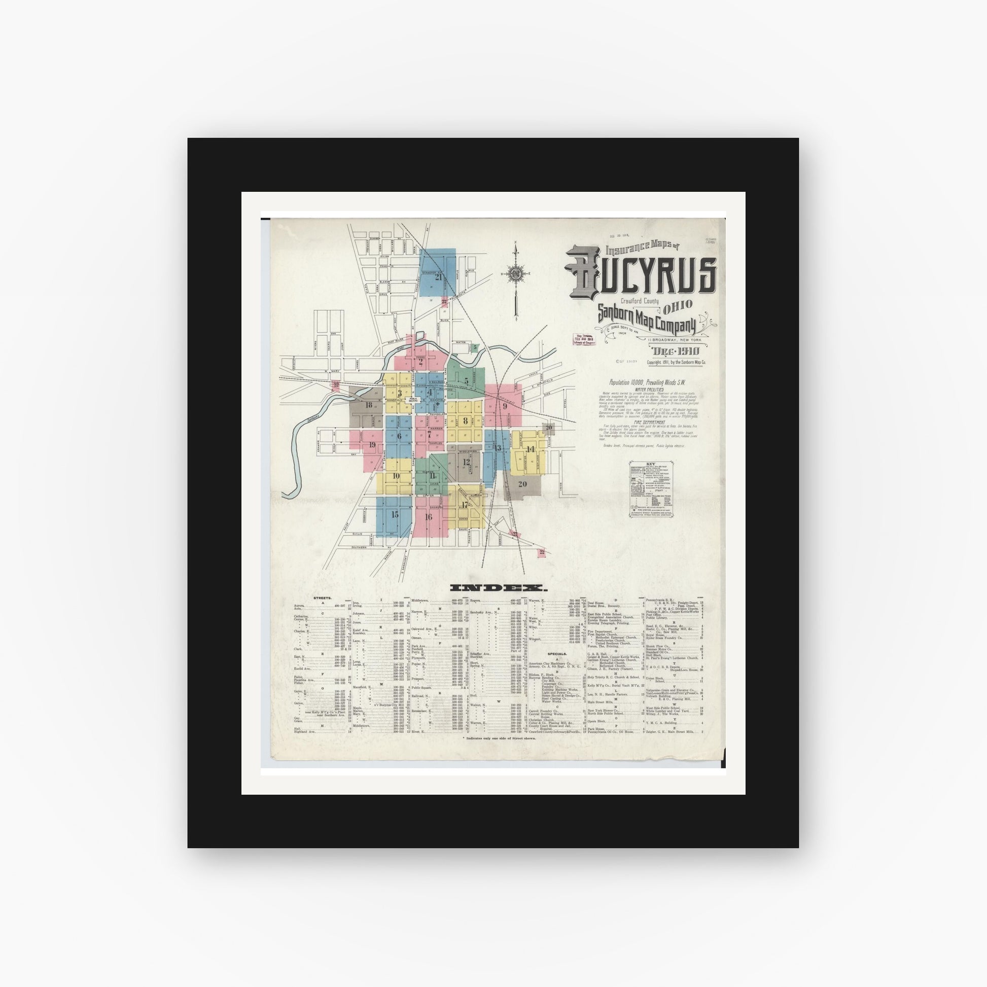 Old map wall art mockup — black gallery frame with white mat — Sanborn Fire Insurance Map from Bucyrus, Crawford County, Ohio (1910) - Complete Map Set