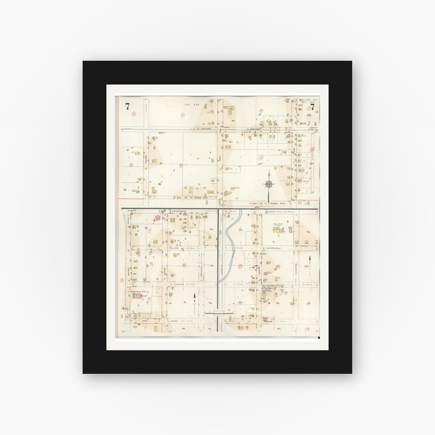 Old map wall art mockup — black gallery frame with white mat — Sanborn Fire Insurance Map from Bastrop, Bastrop County, Texas (1944), Sheet #0007