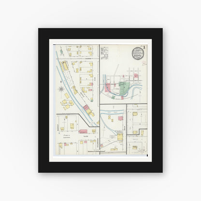 Old map wall art mockup — black gallery frame with white mat — Sanborn Fire Insurance Map from Navarre, Stark County, Ohio (1895), Sheet #0001