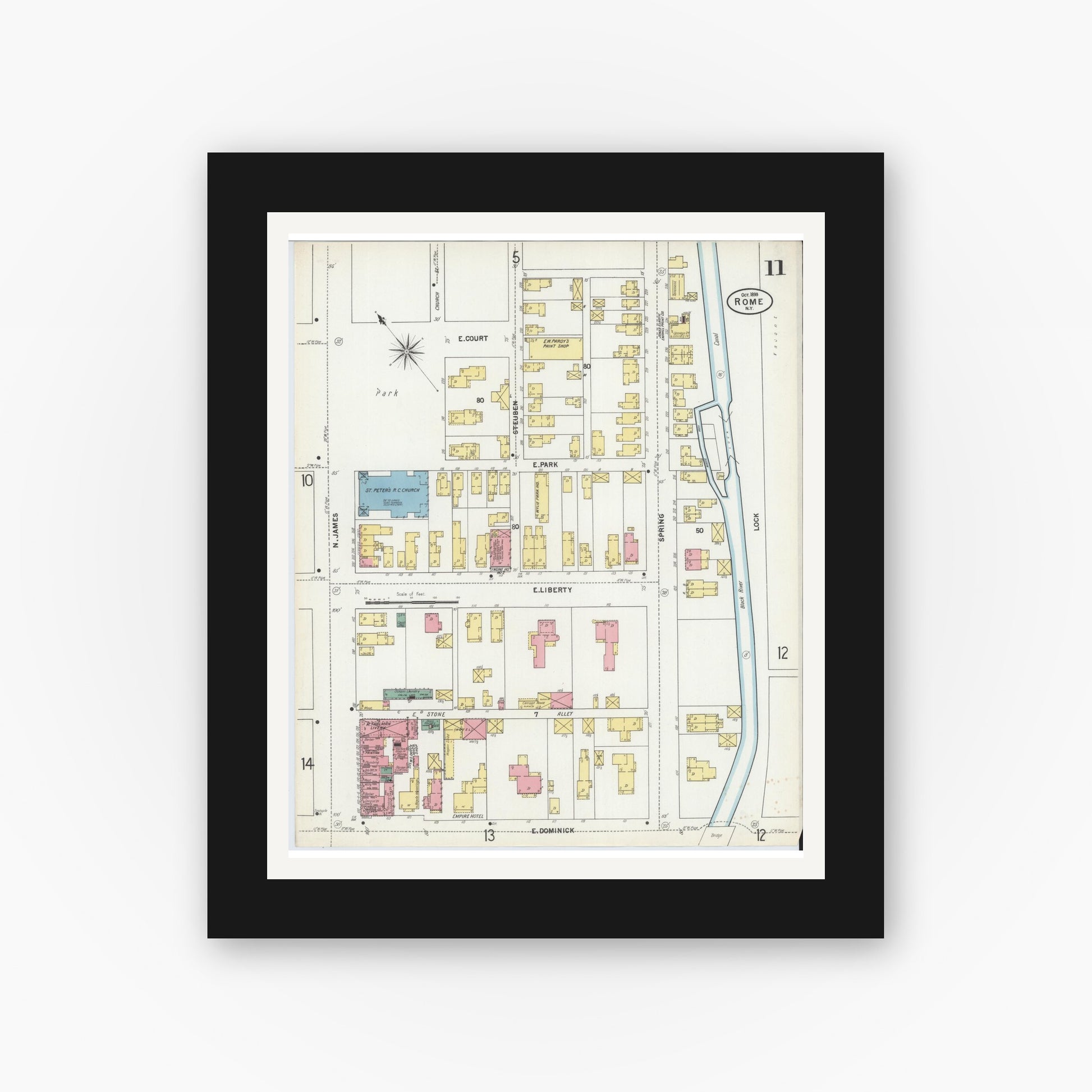 Old map wall art mockup — black gallery frame with white mat — Sanborn Fire Insurance Map from Rome, Oneida County, New York (1899), Sheet #0011