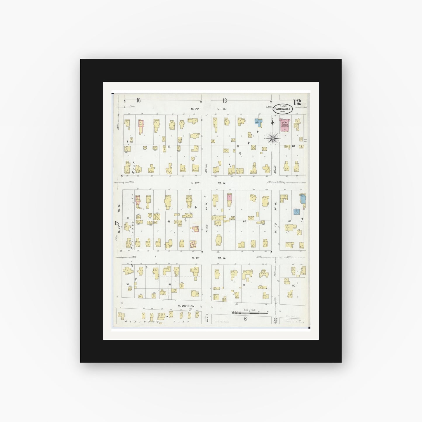 Old map wall art mockup — black gallery frame with white mat — Sanborn Fire Insurance Map from Faribault, Rice County, Minnesota (1909), Sheet #0012
