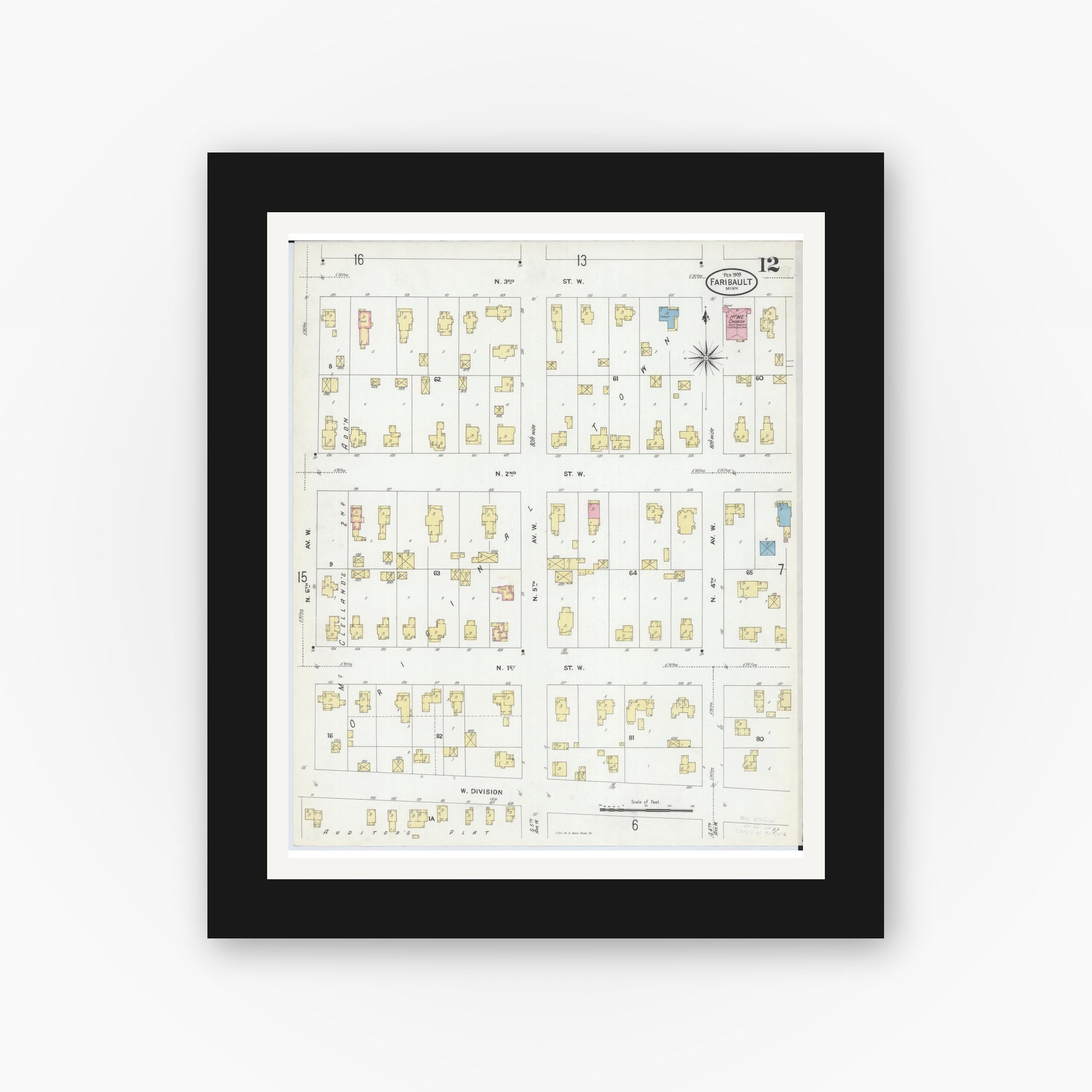 Old map wall art mockup — black gallery frame with white mat — Sanborn Fire Insurance Map from Faribault, Rice County, Minnesota (1909), Sheet #0012