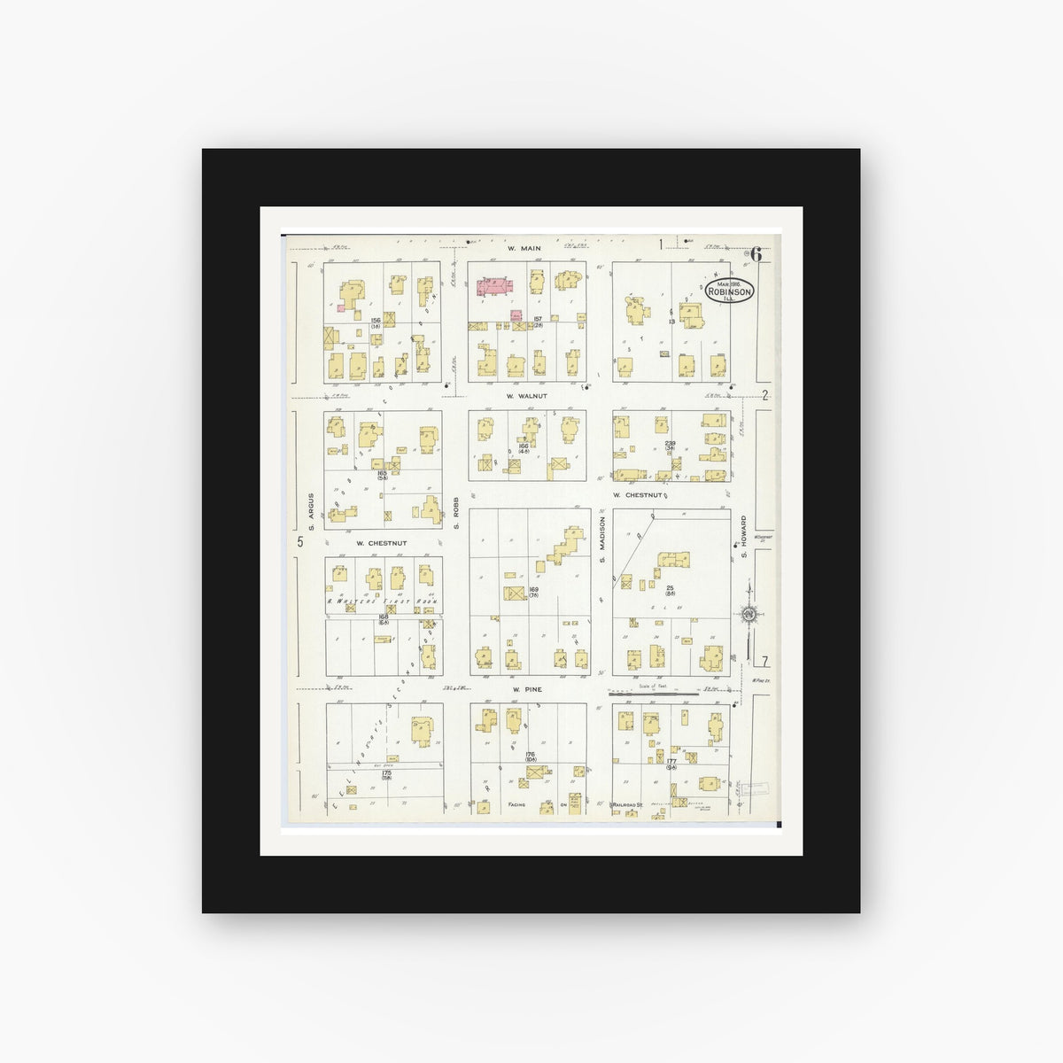 Old map wall art mockup — black gallery frame with white mat — Sanborn Fire Insurance Map from Robinson, Crawford County, Illinois (1916), Sheet #0006