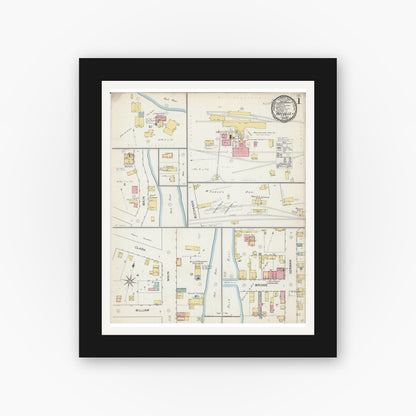 Old map wall art mockup — black gallery frame with white mat — Sanborn Fire Insurance Map from Mayville, Dodge County, Wisconsin (1892), Sheet #0001