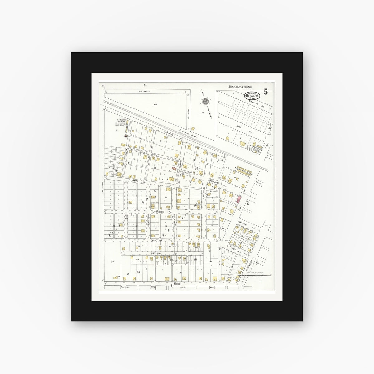 Old map wall art mockup — black gallery frame with white mat — Sanborn Fire Insurance Map from Rogers, Bell County, Texas (1921), Sheet #0005