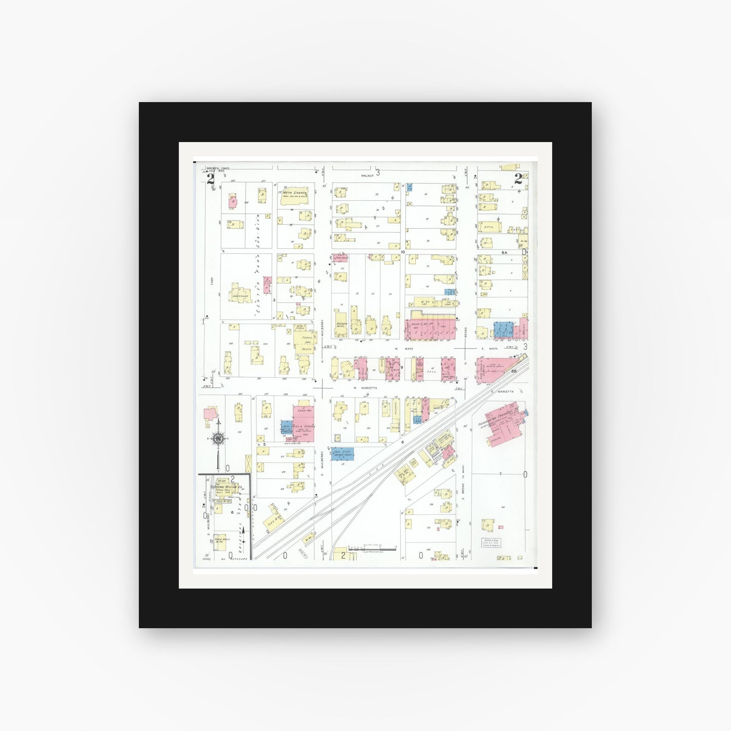 Old map wall art mockup — black gallery frame with white mat — Sanborn Fire Insurance Map from Bremen, Fairfield County, Ohio (1950), Sheet #0002