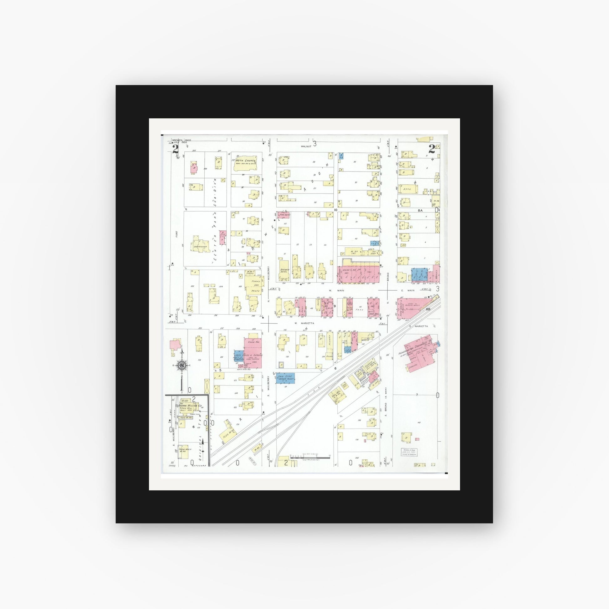 Old map wall art mockup — black gallery frame with white mat — Sanborn Fire Insurance Map from Bremen, Fairfield County, Ohio (1950), Sheet #0002