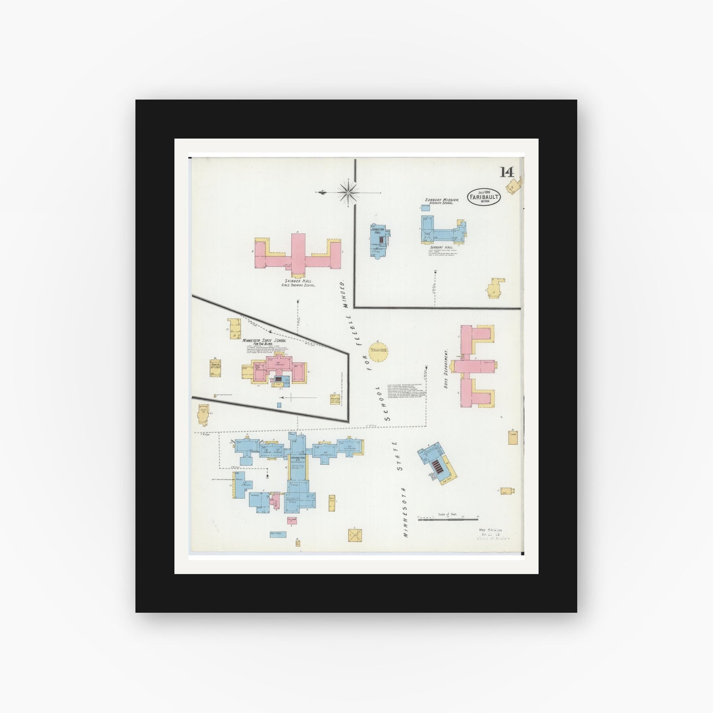 Old map wall art mockup — black gallery frame with white mat — Sanborn Fire Insurance Map from Faribault, Rice County, Minnesota (1899), Sheet #0014