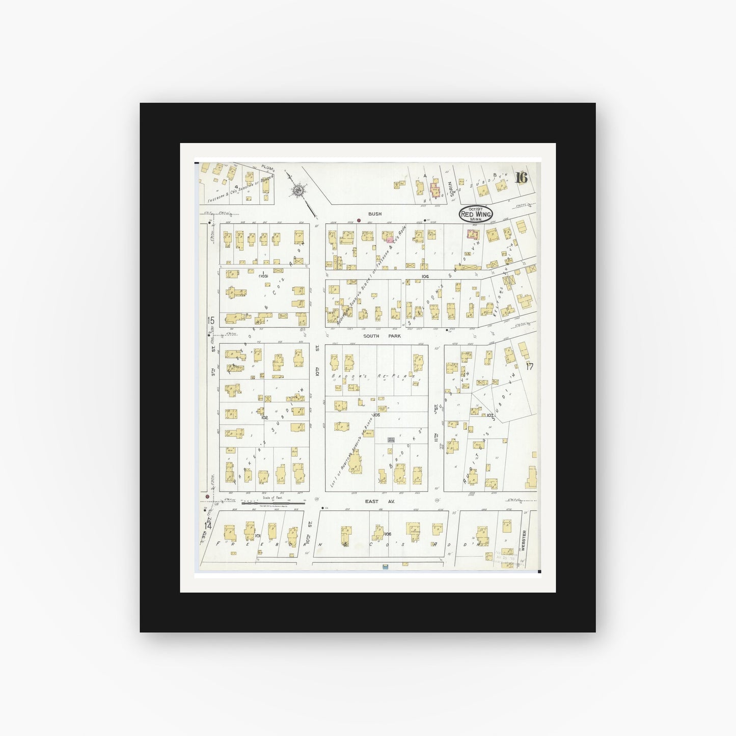 Old map wall art mockup — black gallery frame with white mat — Sanborn Fire Insurance Map from Red Wing, Goodhue County, Minnesota (1917), Sheet #0016