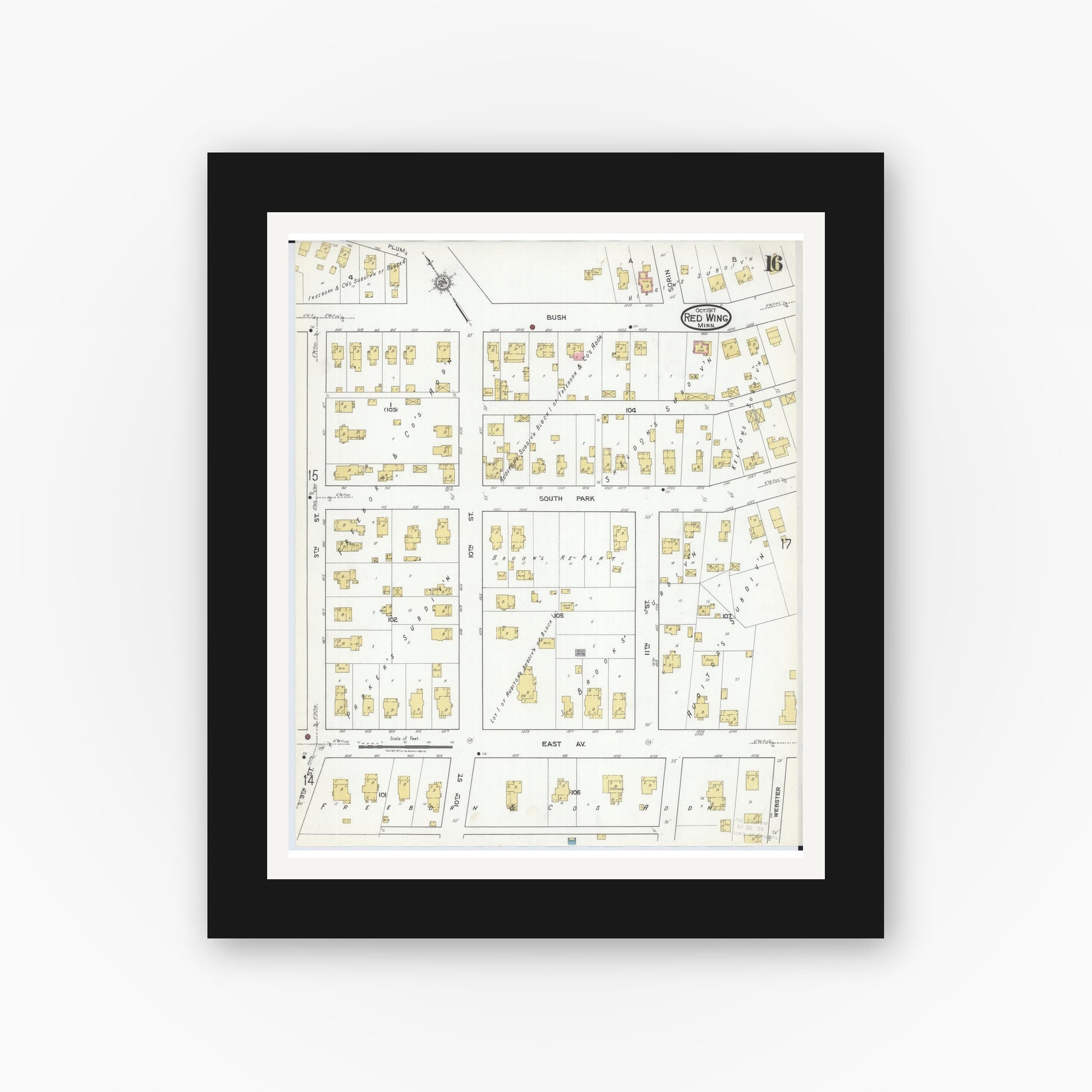 Old map wall art mockup — black gallery frame with white mat — Sanborn Fire Insurance Map from Red Wing, Goodhue County, Minnesota (1917), Sheet #0016