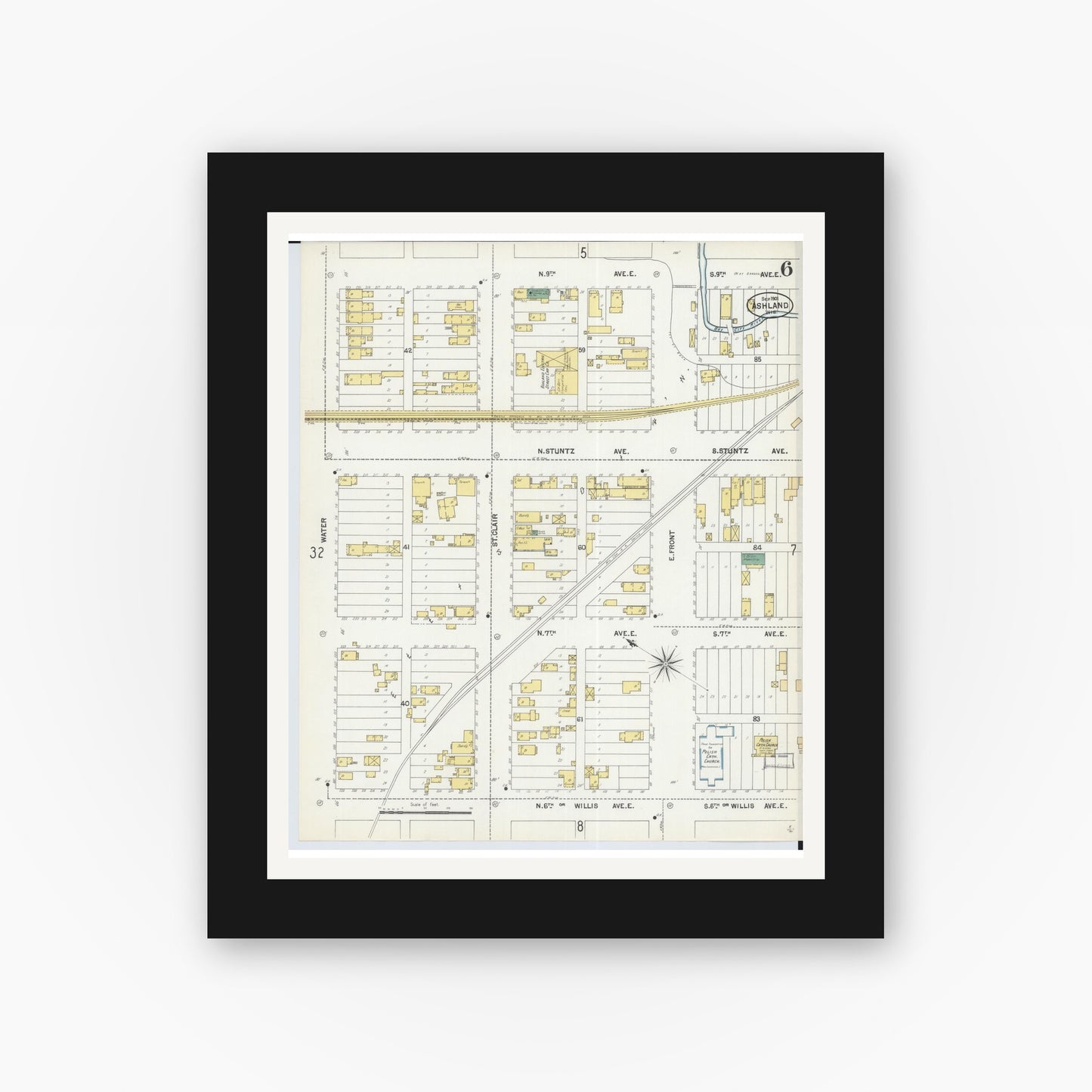 Old map wall art mockup — black gallery frame with white mat — Sanborn Fire Insurance Map from Ashland, Ashland County, Wisconsin (1901), Sheet #0006
