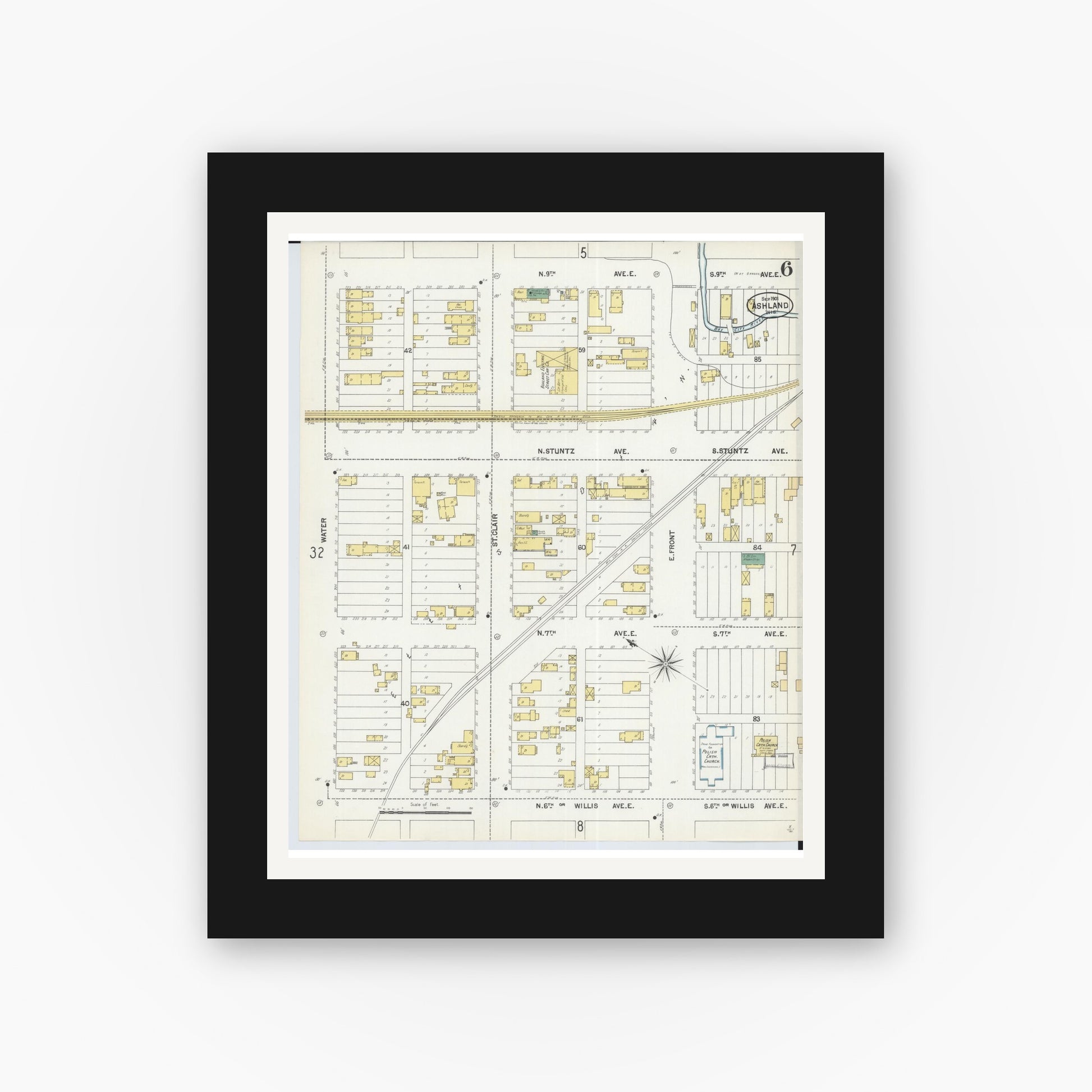 Old map wall art mockup — black gallery frame with white mat — Sanborn Fire Insurance Map from Ashland, Ashland County, Wisconsin (1901), Sheet #0006