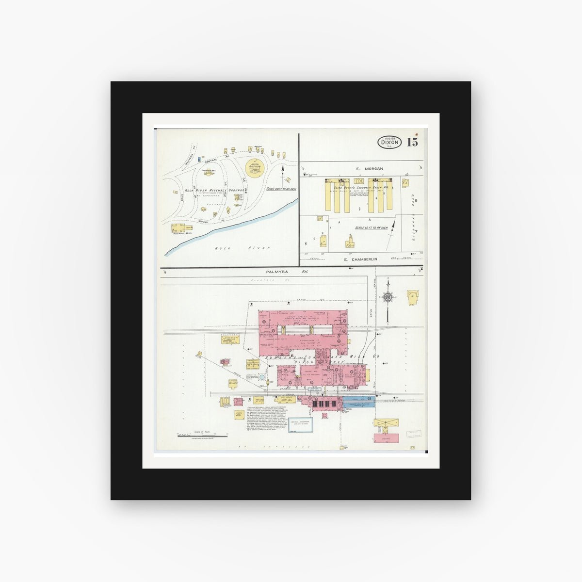 Old map wall art mockup — black gallery frame with white mat — Sanborn Fire Insurance Map from Dixon, Lee County, Illinois (1918), Sheet #0015