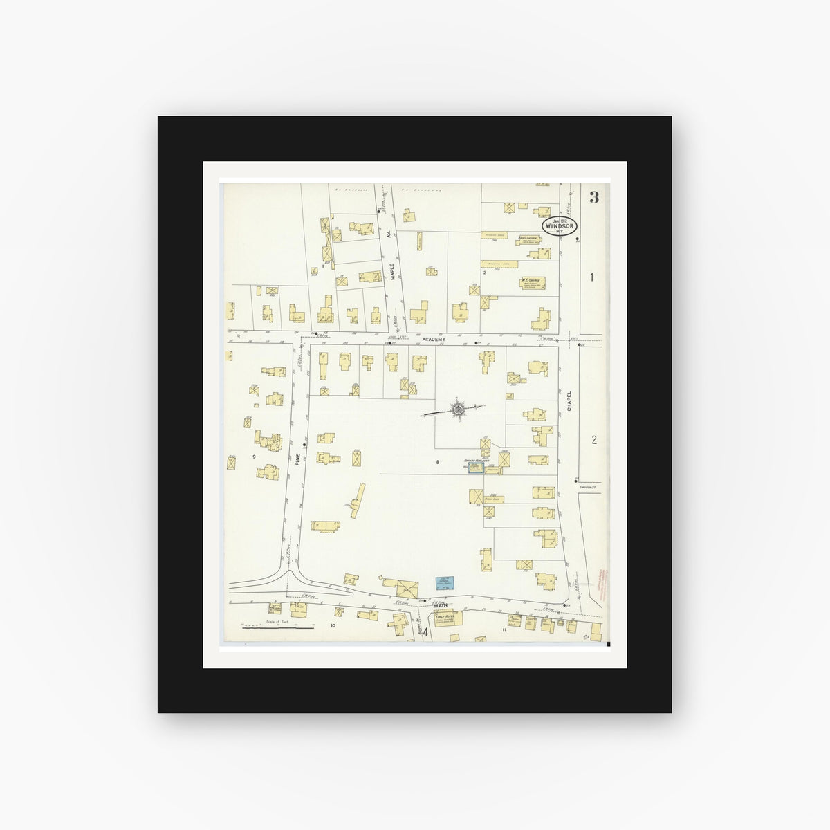 Old map wall art mockup — black gallery frame with white mat — Sanborn Fire Insurance Map from Windsor, Broome County, New York (1912), Sheet #0003