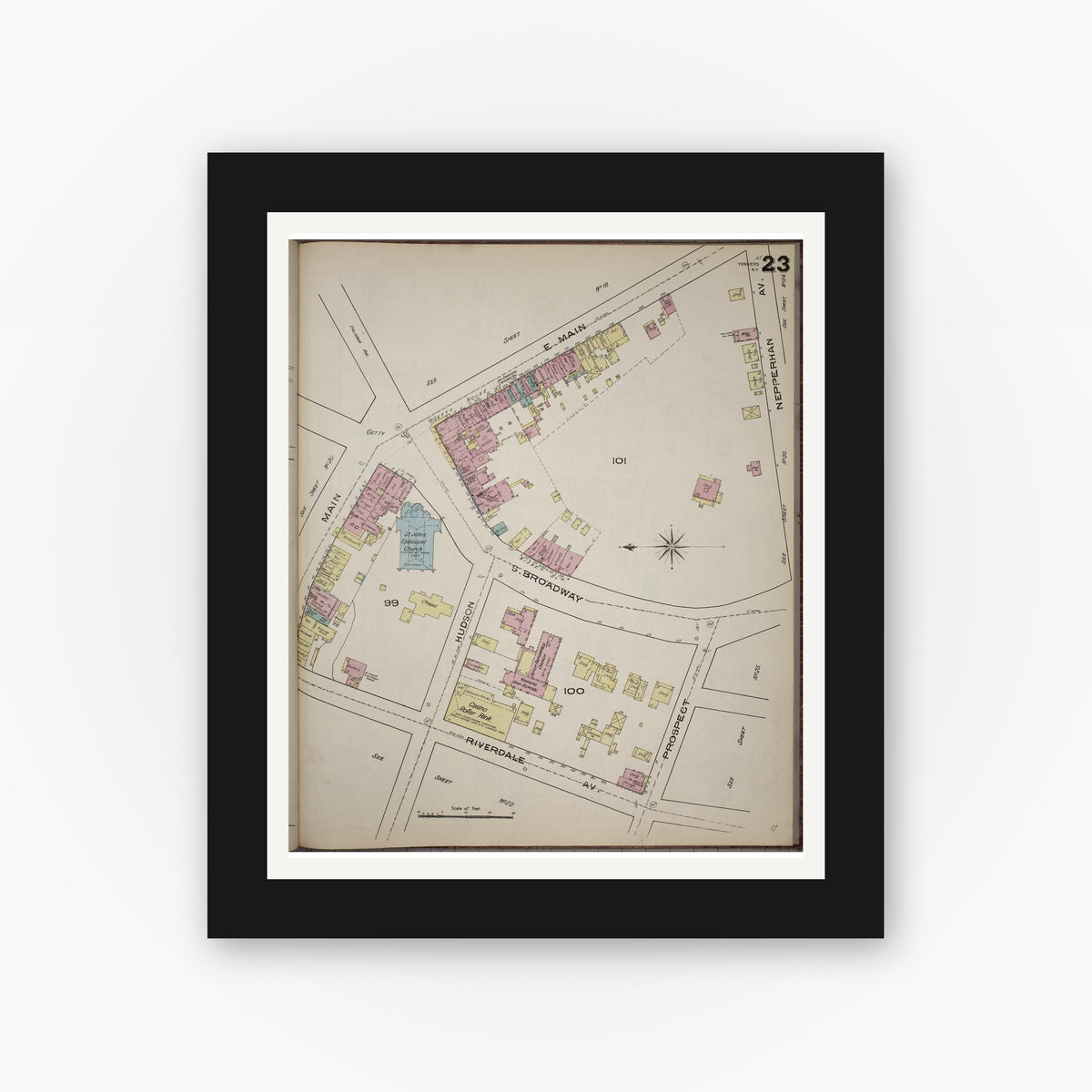 Old map wall art mockup — black gallery frame with white mat — Sanborn Fire Insurance Map from Yonkers, Westchester County, New York (1886), Sheet #0023