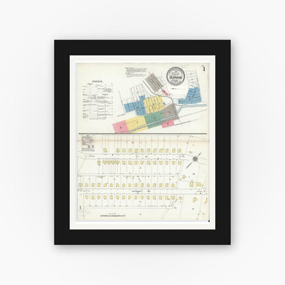 Old map wall art mockup — black gallery frame with white mat — Sanborn Fire Insurance Map from Burnham, Mifflin County, Pennsylvania (1910), Sheet #0001