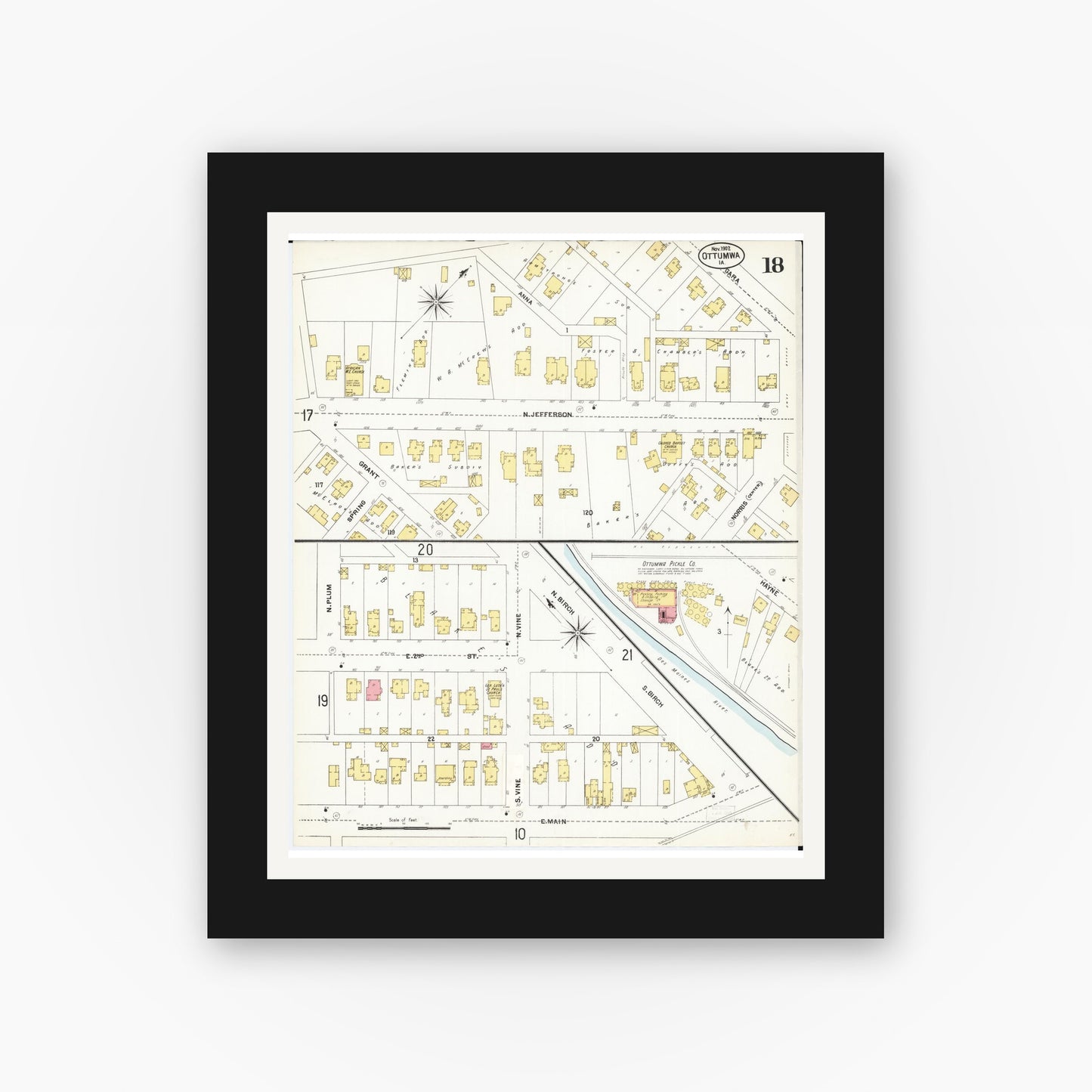 Old map wall art mockup — black gallery frame with white mat — Sanborn Fire Insurance Map from Ottumwa, Wapello County, Iowa (1902), Sheet #0018