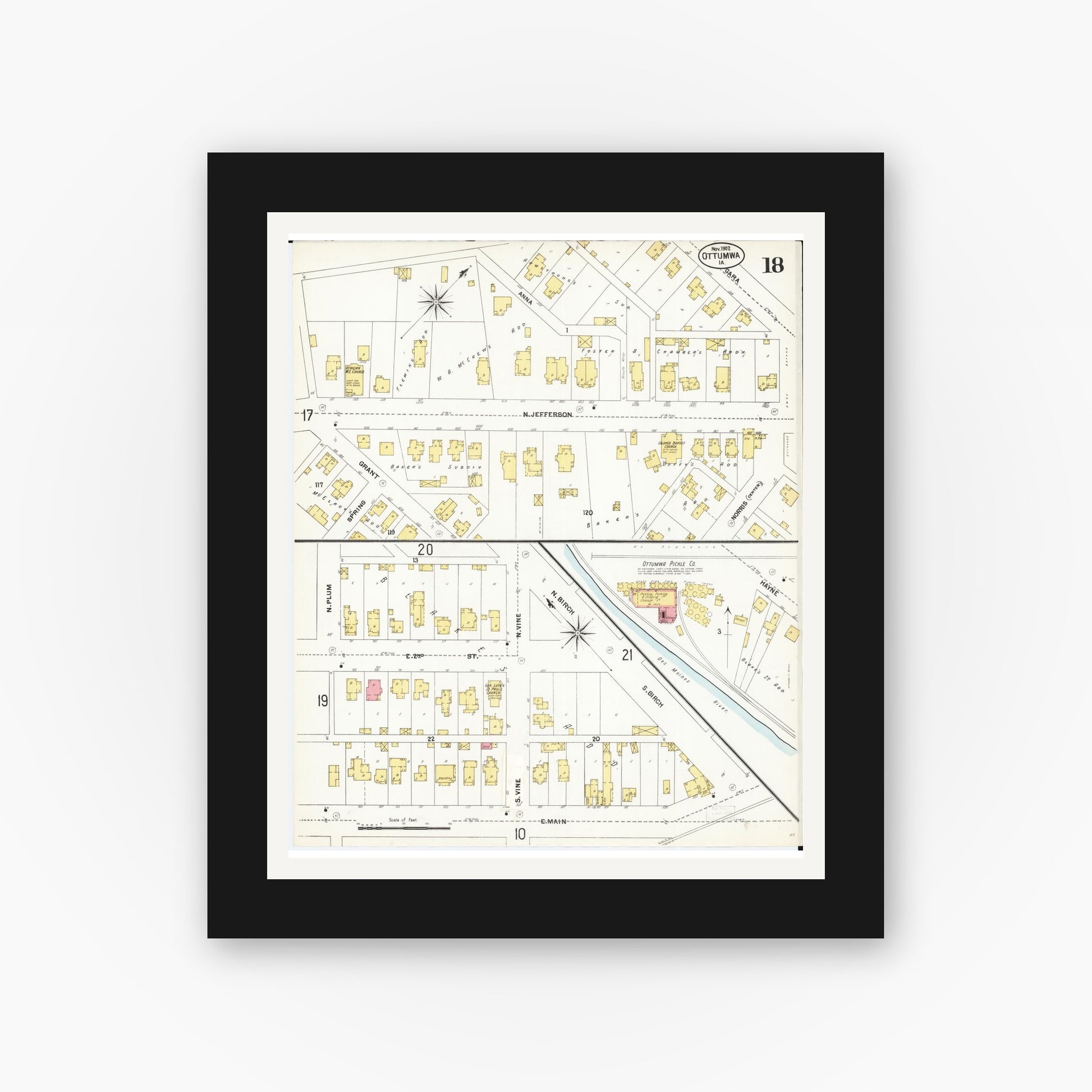 Old map wall art mockup — black gallery frame with white mat — Sanborn Fire Insurance Map from Ottumwa, Wapello County, Iowa (1902), Sheet #0018