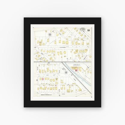 Old map wall art mockup — black gallery frame with white mat — Sanborn Fire Insurance Map from Ottumwa, Wapello County, Iowa (1902), Sheet #0018