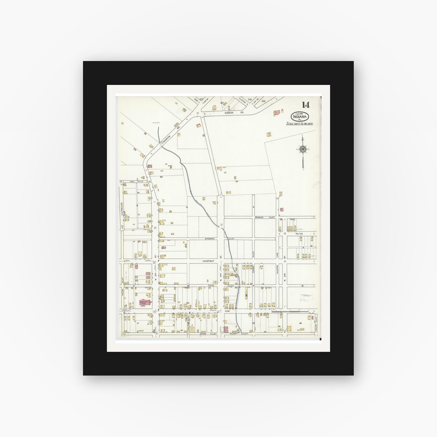Old map wall art mockup — black gallery frame with white mat — Sanborn Fire Insurance Map from Indiana, Indiana County, Pennsylvania (1916), Sheet #0014