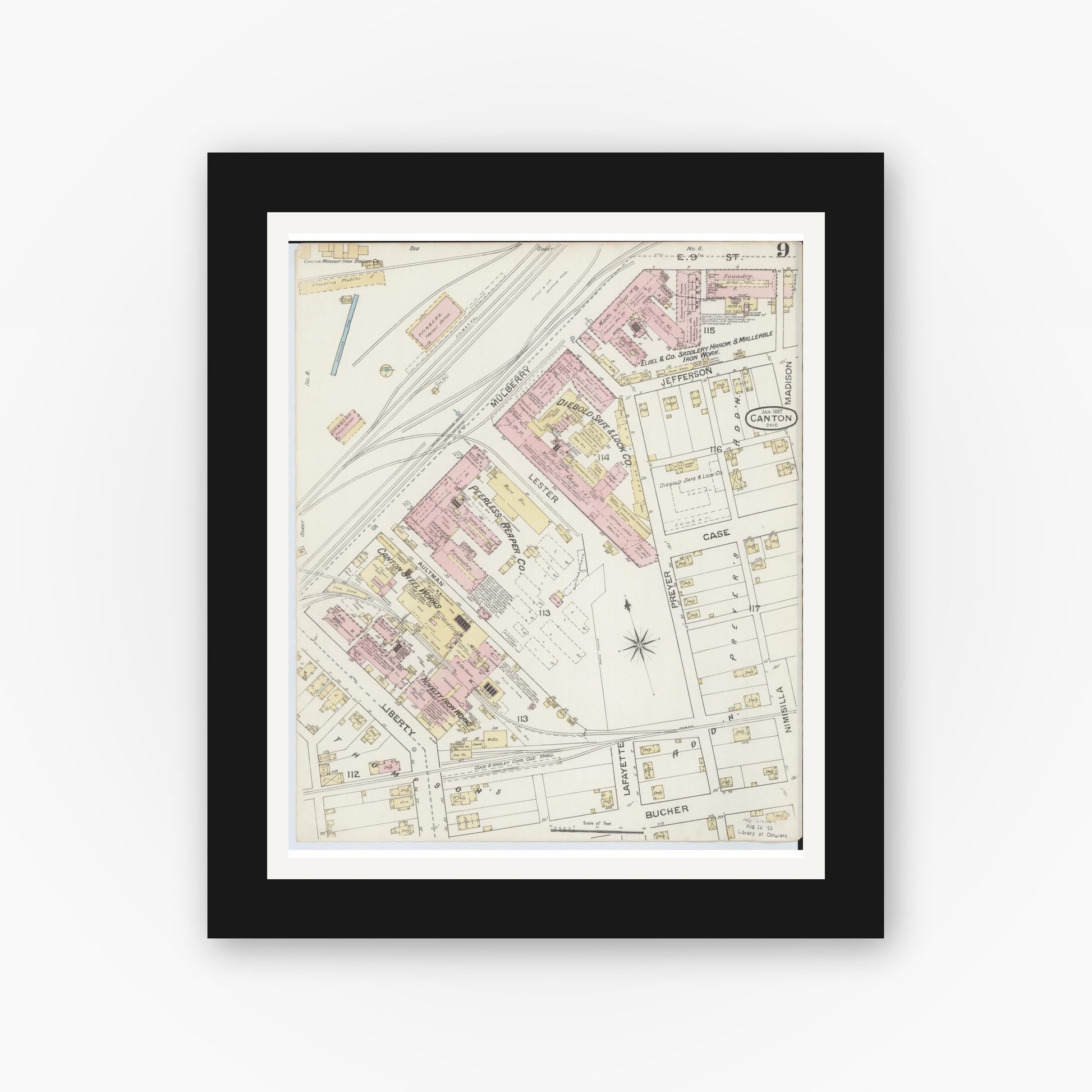 Old map wall art mockup — black gallery frame with white mat — Sanborn Fire Insurance Map from Canton, Stark County, Ohio (1887), Sheet #0009