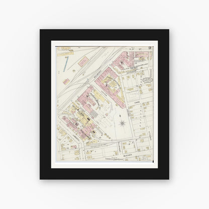 Old map wall art mockup — black gallery frame with white mat — Sanborn Fire Insurance Map from Canton, Stark County, Ohio (1887), Sheet #0009