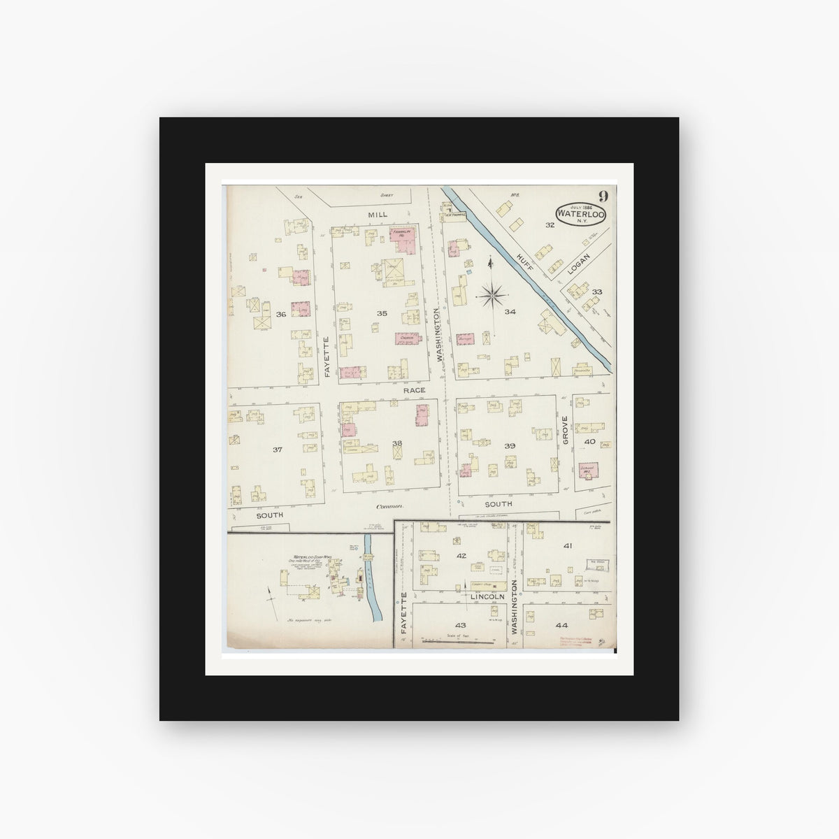Old map wall art mockup — black gallery frame with white mat — Sanborn Fire Insurance Map from Waterloo, Seneca County, New York (1886), Sheet #0009