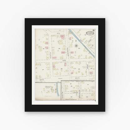 Old map wall art mockup — black gallery frame with white mat — Sanborn Fire Insurance Map from Waterloo, Seneca County, New York (1886), Sheet #0009