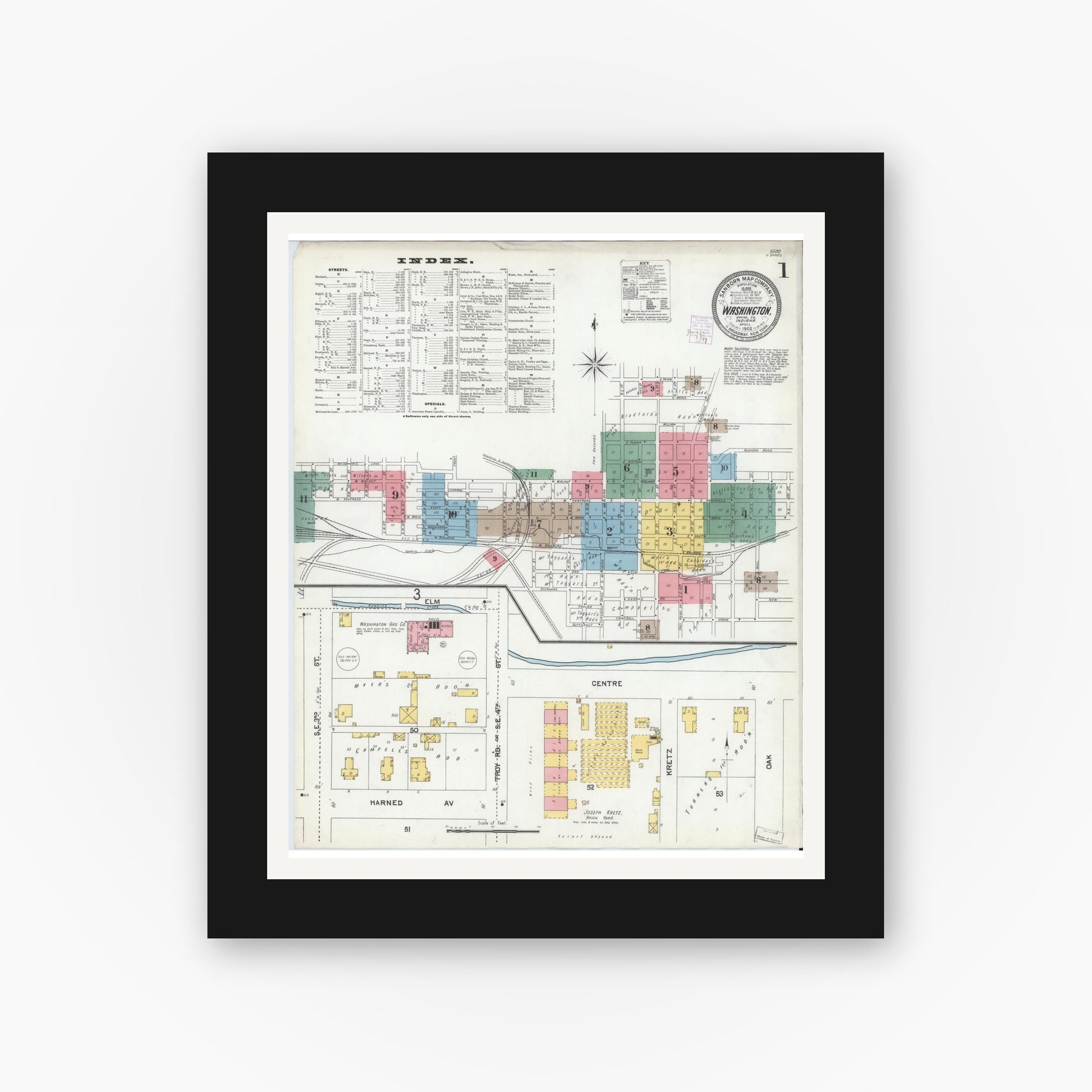 Old map wall art mockup — black gallery frame with white mat — Sanborn Fire Insurance Map from Washington, Daviess County, Indiana (1902) - Complete Map Set
