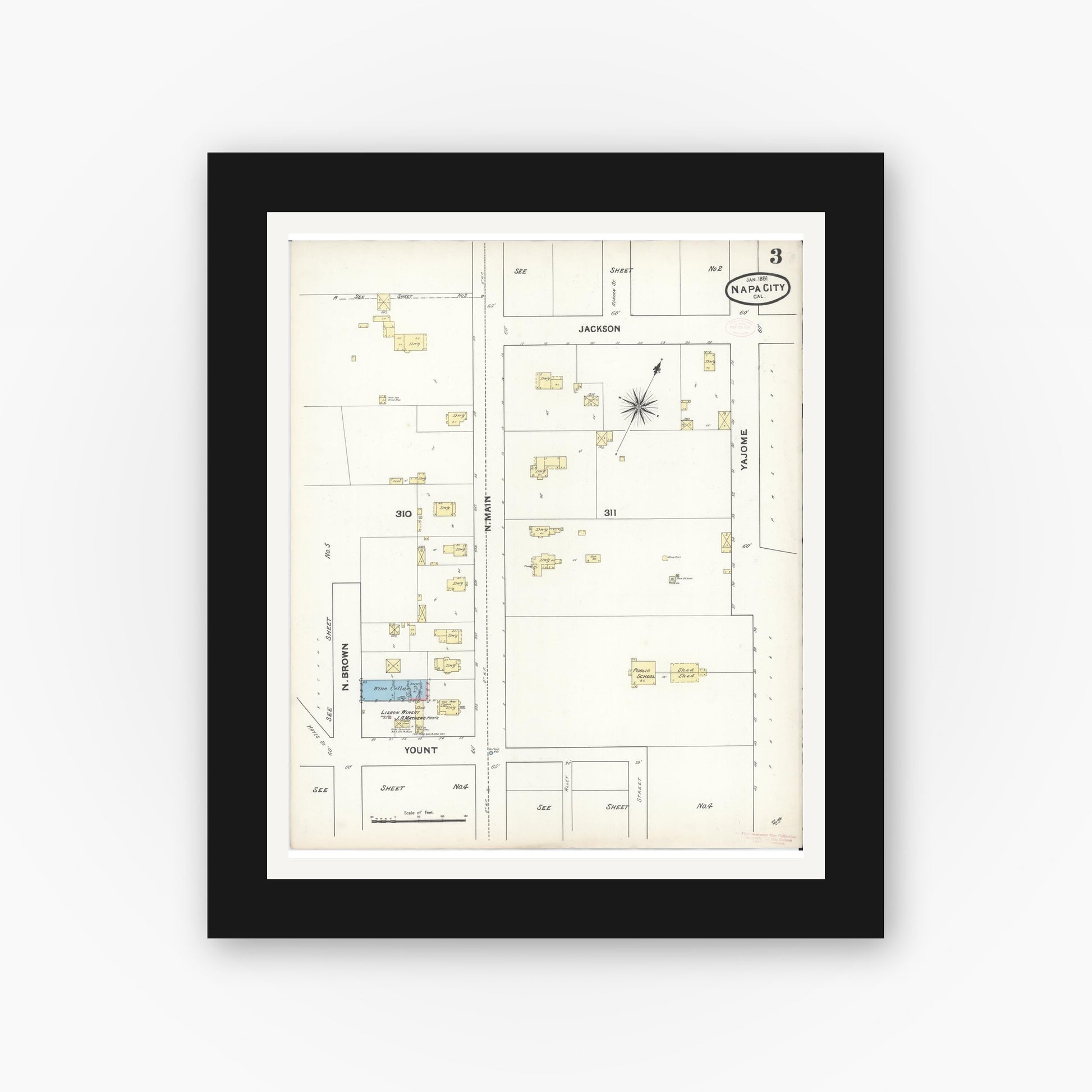 Old map wall art mockup — black gallery frame with white mat — Sanborn Fire Insurance Map from Napa, Napa County, California (1891), Sheet #0003