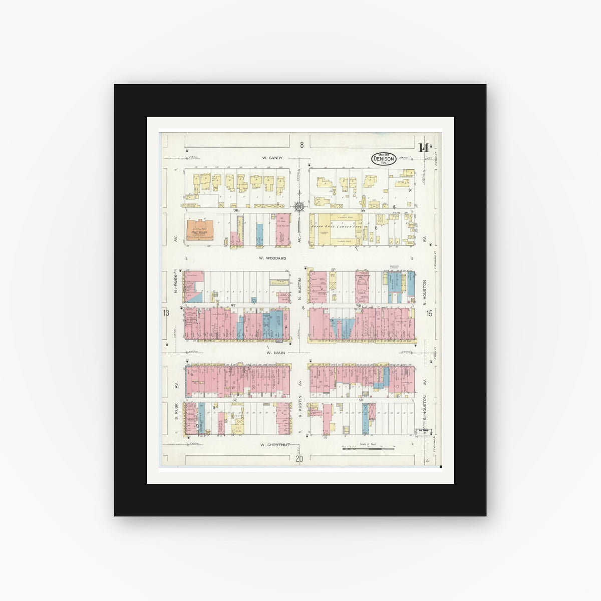 Old map wall art mockup — black gallery frame with white mat — Sanborn Fire Insurance Map from Denison, Grayson County, Texas (1914), Sheet #0014
