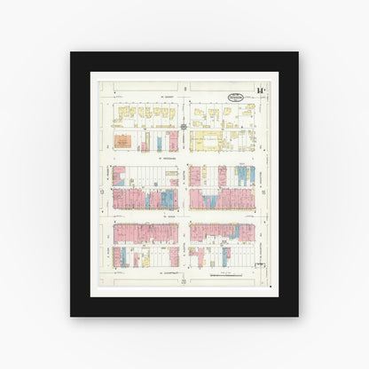Old map wall art mockup — black gallery frame with white mat — Sanborn Fire Insurance Map from Denison, Grayson County, Texas (1914), Sheet #0014