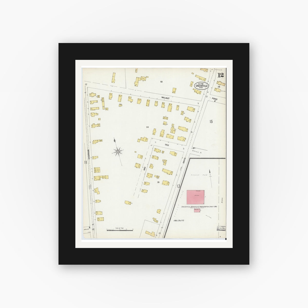 Old map wall art mockup — black gallery frame with white mat — Sanborn Fire Insurance Map from Greenfield, Franklin County, Massachusetts (1902), Sheet #0012