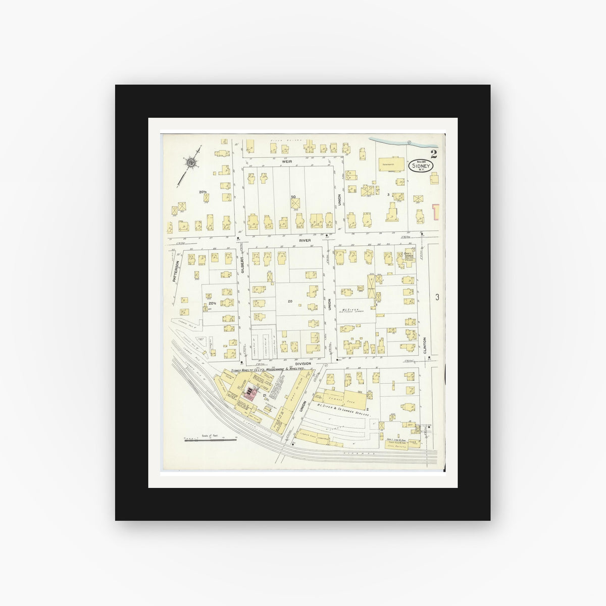 Old map wall art mockup — black gallery frame with white mat — Sanborn Fire Insurance Map from Sidney, Delaware County, New York (1910), Sheet #0002
