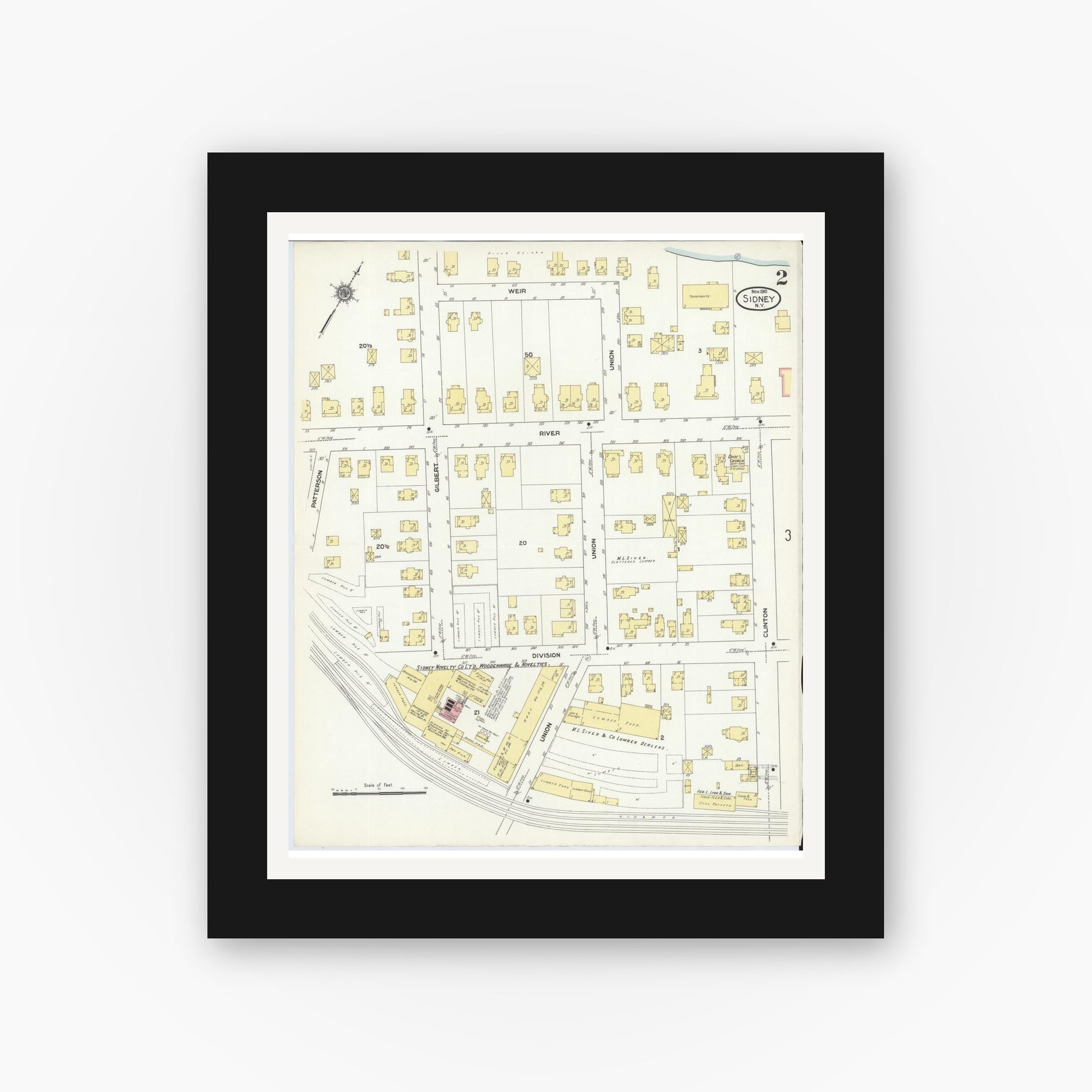 Old map wall art mockup — black gallery frame with white mat — Sanborn Fire Insurance Map from Sidney, Delaware County, New York (1910), Sheet #0002