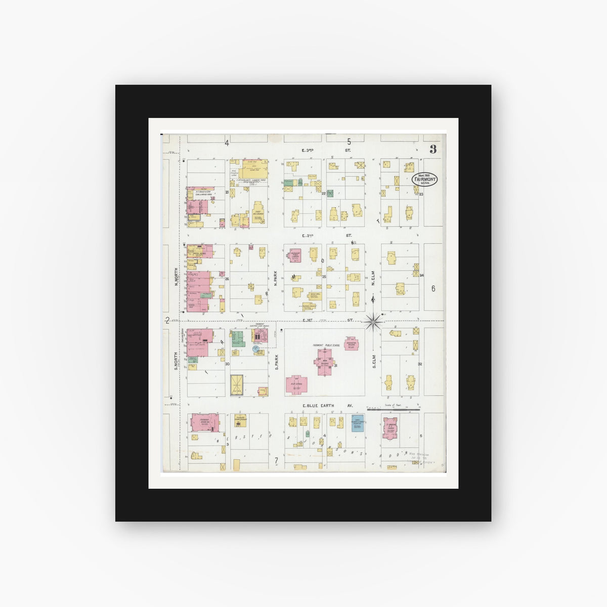 Old map wall art mockup — black gallery frame with white mat — Sanborn Fire Insurance Map from Fairmont, Martin County, Minnesota (1905), Sheet #0003