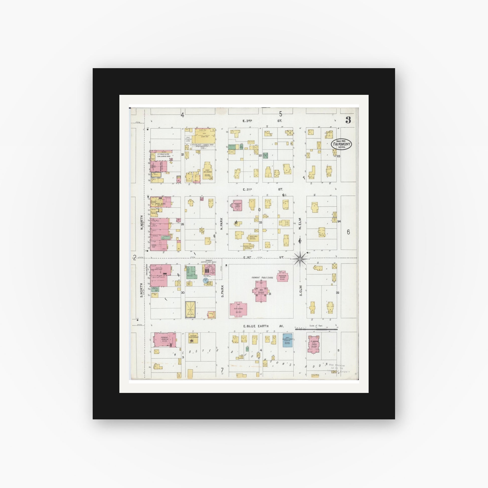 Old map wall art mockup — black gallery frame with white mat — Sanborn Fire Insurance Map from Fairmont, Martin County, Minnesota (1905), Sheet #0003