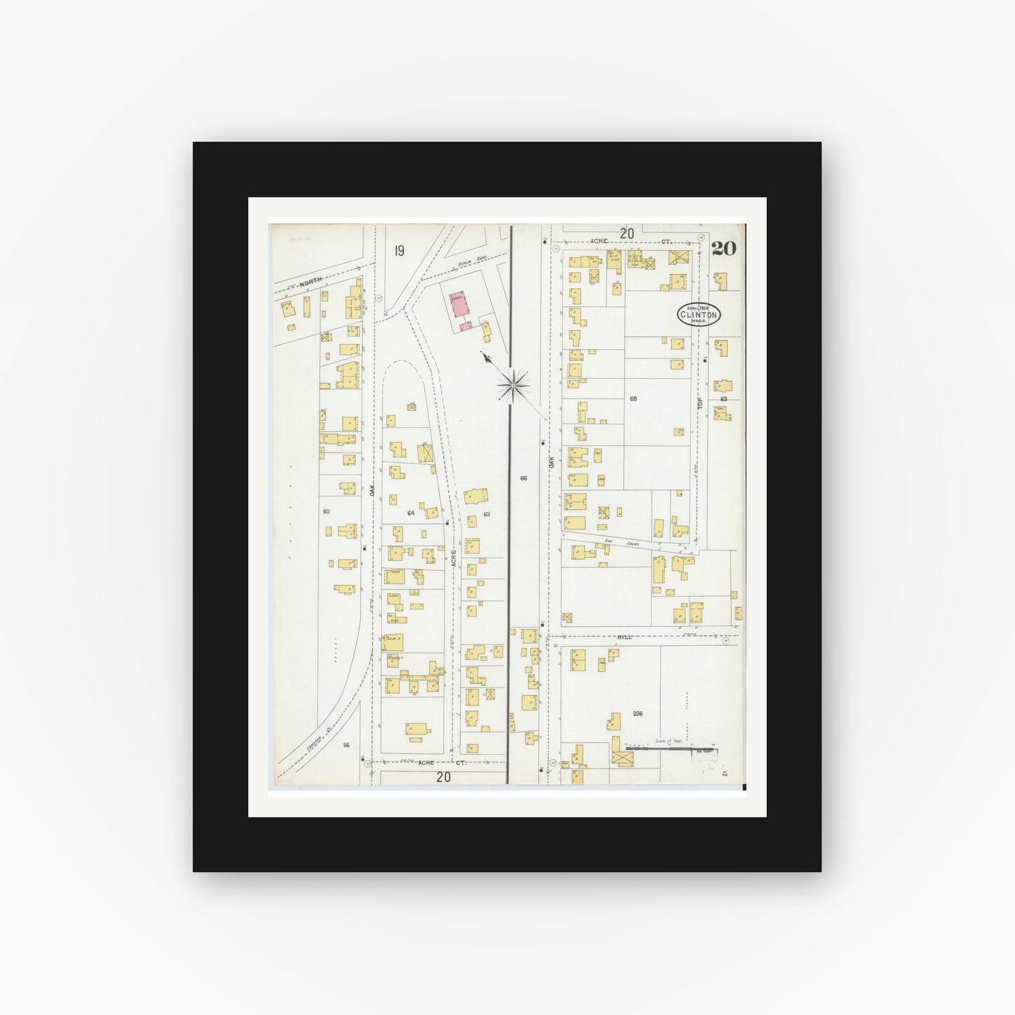 Old map wall art mockup — black gallery frame with white mat — Sanborn Fire Insurance Map from Clinton, Worcester County, Massachusetts (1904), Sheet #0020