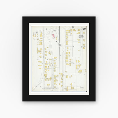 Old map wall art mockup — black gallery frame with white mat — Sanborn Fire Insurance Map from Clinton, Worcester County, Massachusetts (1904), Sheet #0020