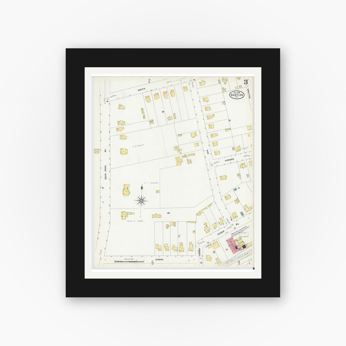 Old map wall art mockup — black gallery frame with white mat — Sanborn Fire Insurance Map from Babylon, Suffolk County, New York (1908), Sheet #0003