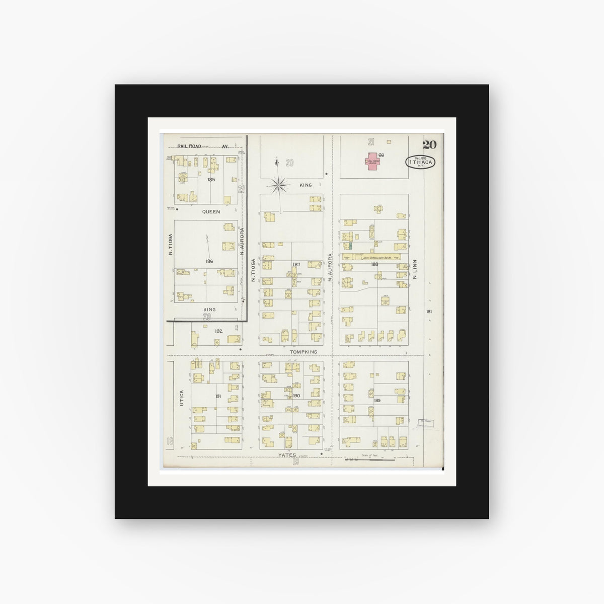 Old map wall art mockup — black gallery frame with white mat — Sanborn Fire Insurance Map from Ithaca, Tompkins County, New York (1893), Sheet #0020