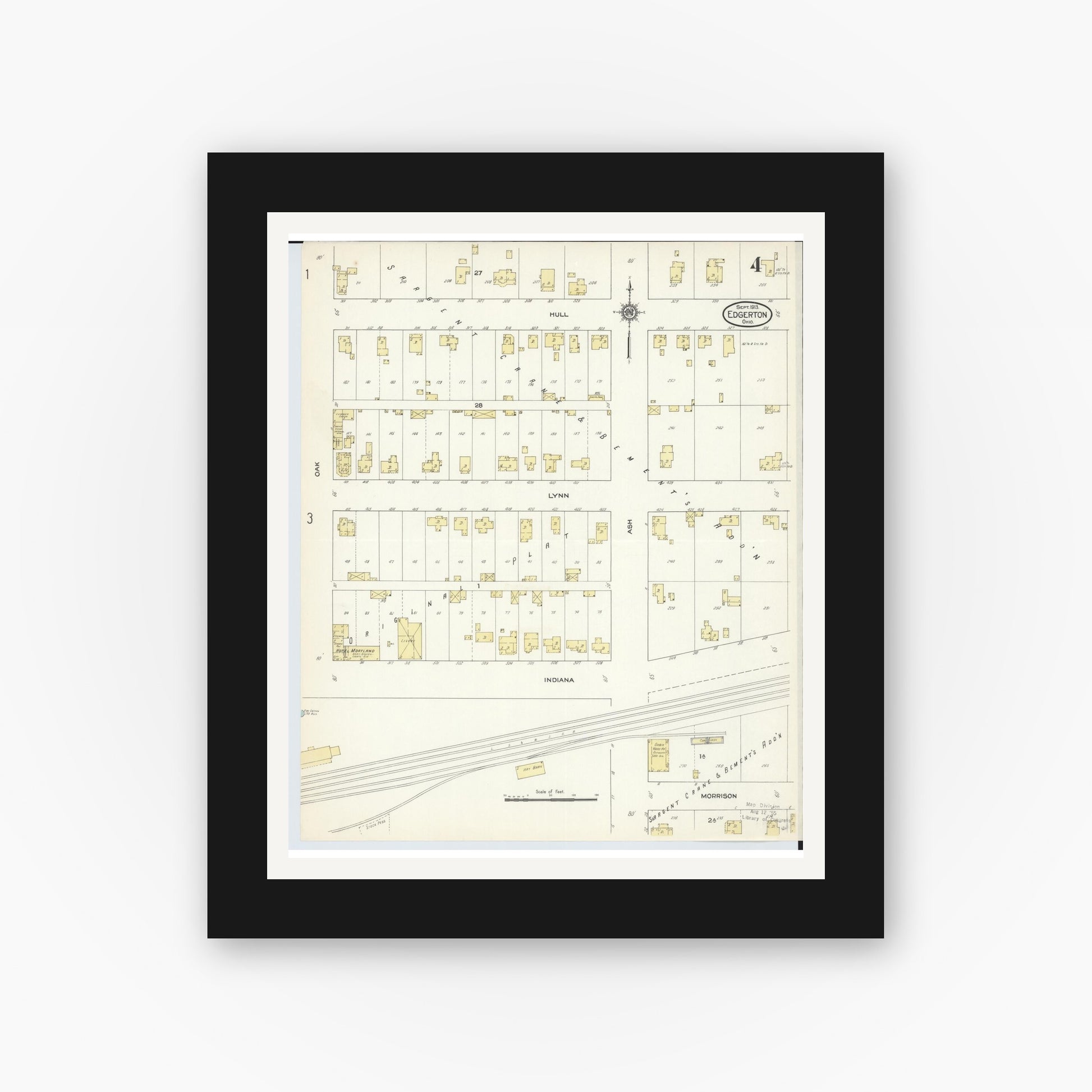 Old map wall art mockup — black gallery frame with white mat — Sanborn Fire Insurance Map from Edgerton, Williams County, Ohio (1913), Sheet #0004