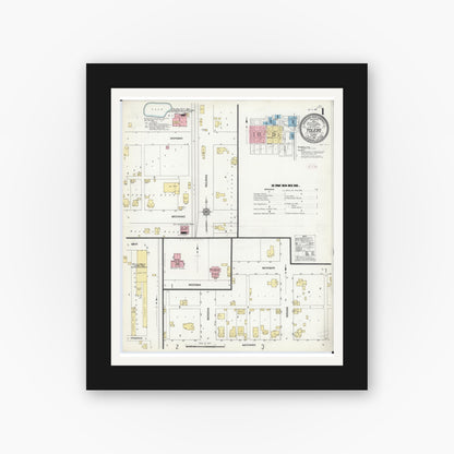 Old map wall art mockup — black gallery frame with white mat — Sanborn Fire Insurance Map from Toledo, Cumberland County, Illinois (1911), Sheet #0001