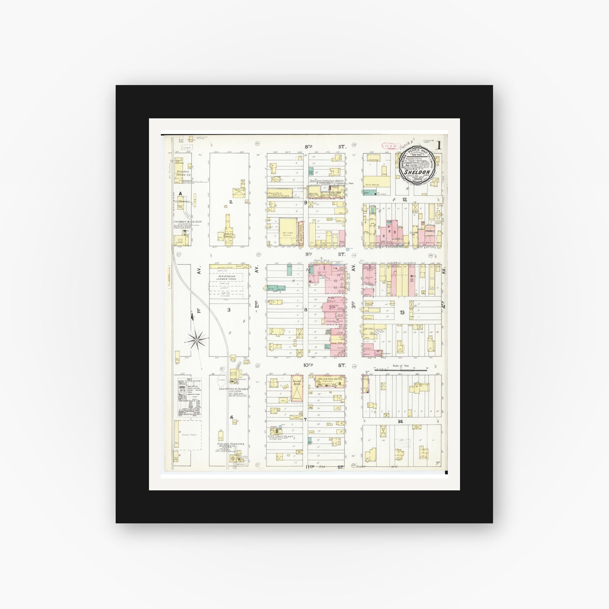 Old map wall art mockup — black gallery frame with white mat — Sanborn Fire Insurance Map from Sheldon, O'Brien County, Iowa (1892), Sheet #0001