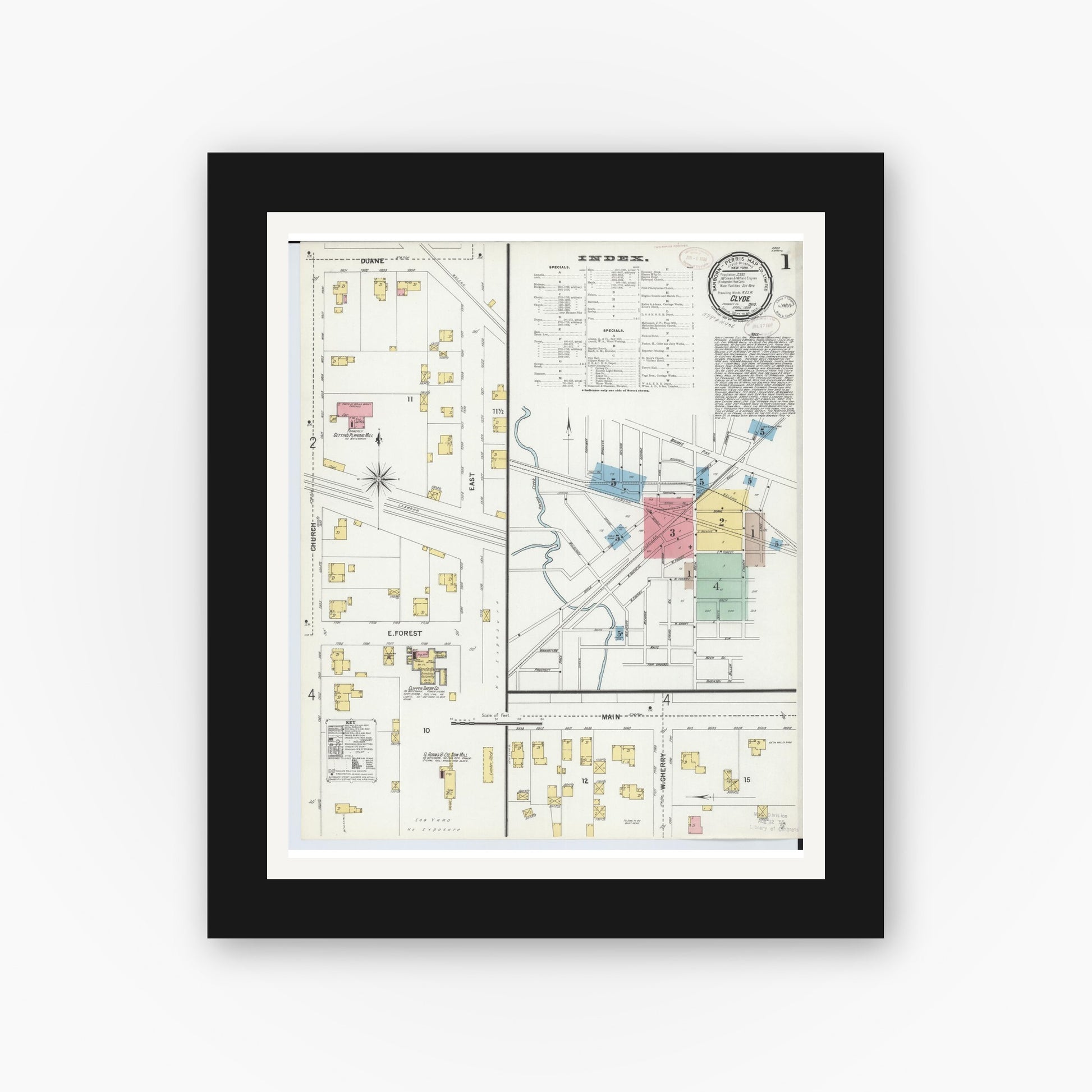 Old map wall art mockup — black gallery frame with white mat — Sanborn Fire Insurance Map from Clyde, Sandusky County, Ohio (1899) - Complete Map Set