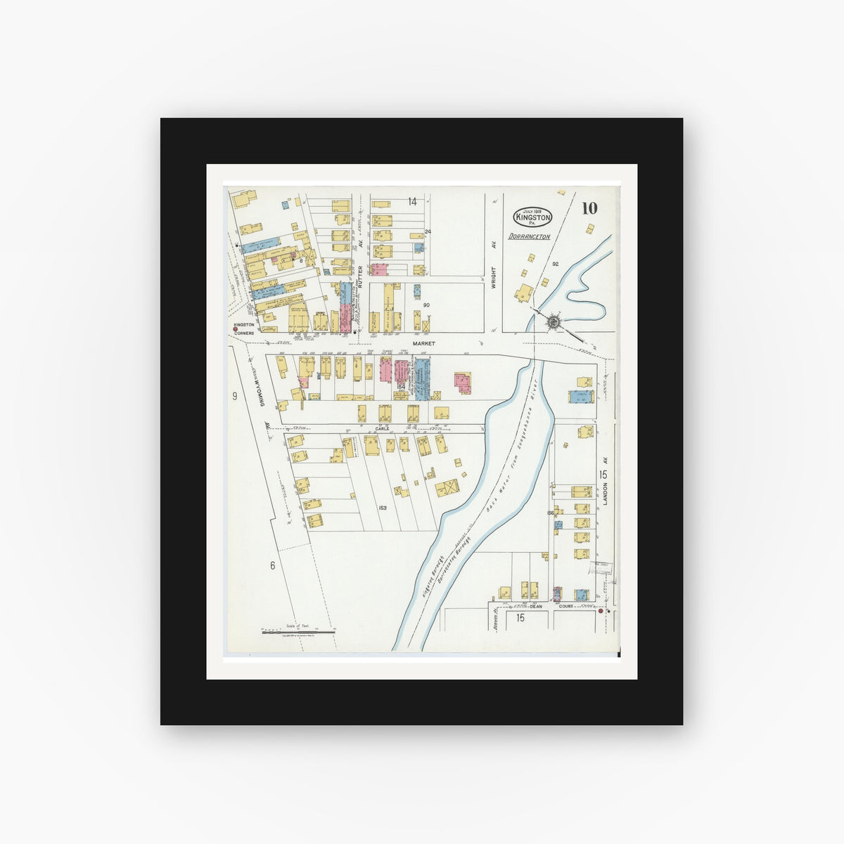 Old map wall art mockup — black gallery frame with white mat — Sanborn Fire Insurance Map from Kingston, Luzerne County, Pennsylvania (1919), Sheet #0010