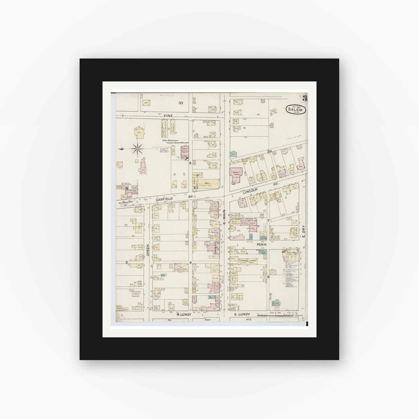 Old map wall art mockup — black gallery frame with white mat — Sanborn Fire Insurance Map from Salem, Columbiana County, Ohio (1887), Sheet #0003