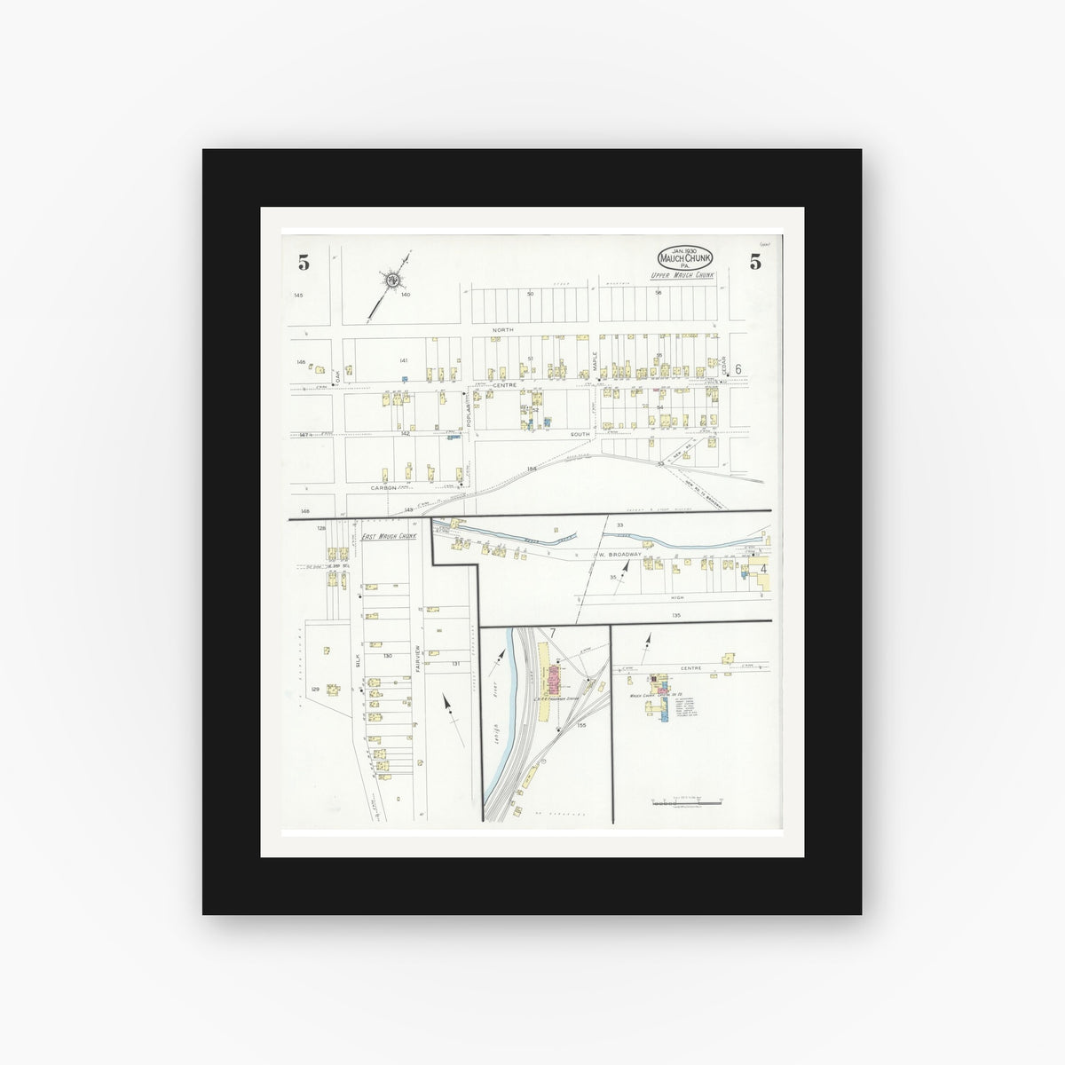 Old map wall art mockup — black gallery frame with white mat — Sanborn Fire Insurance Map from Mauch Chunk, Carbon County, Pennsylvania (1930), Sheet #0005