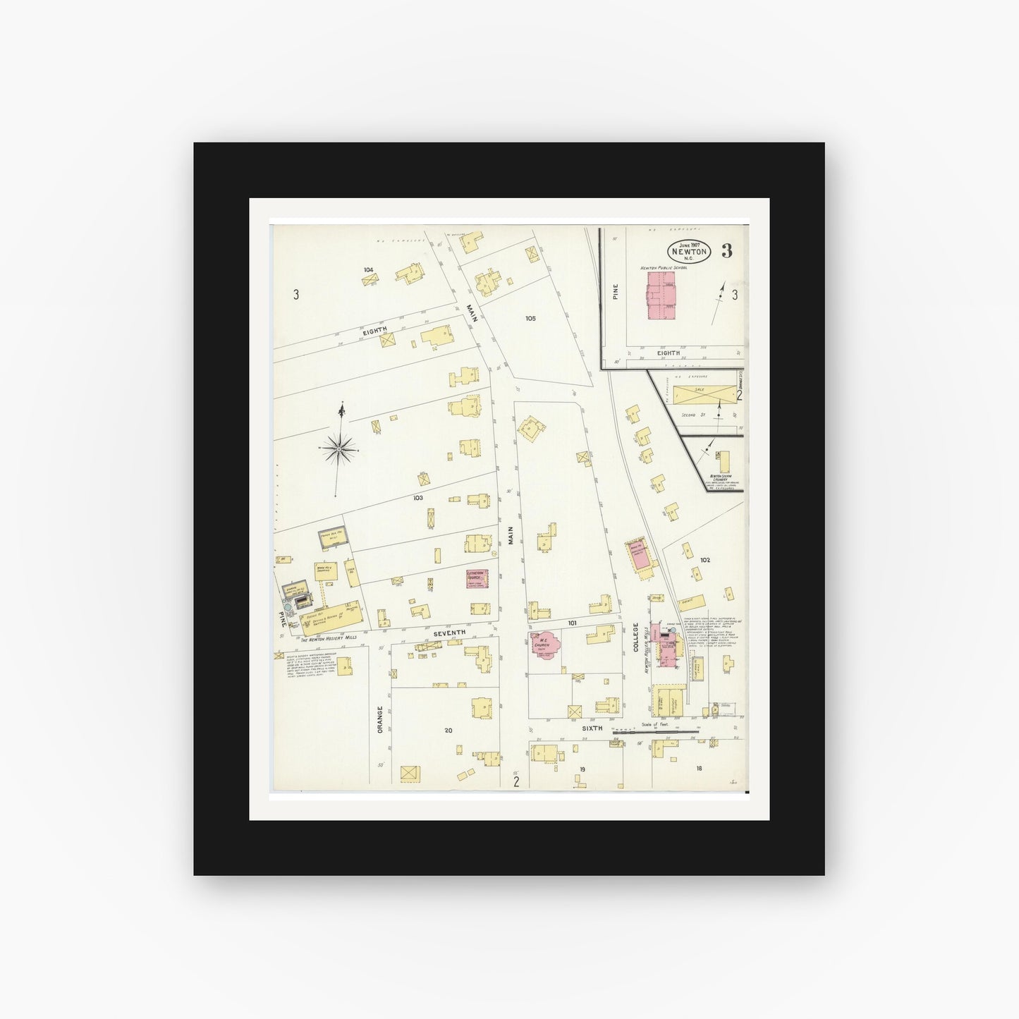Old map wall art mockup — black gallery frame with white mat — Sanborn Fire Insurance Map from Newton, Catawba County, North Carolina (1907), Sheet #0003