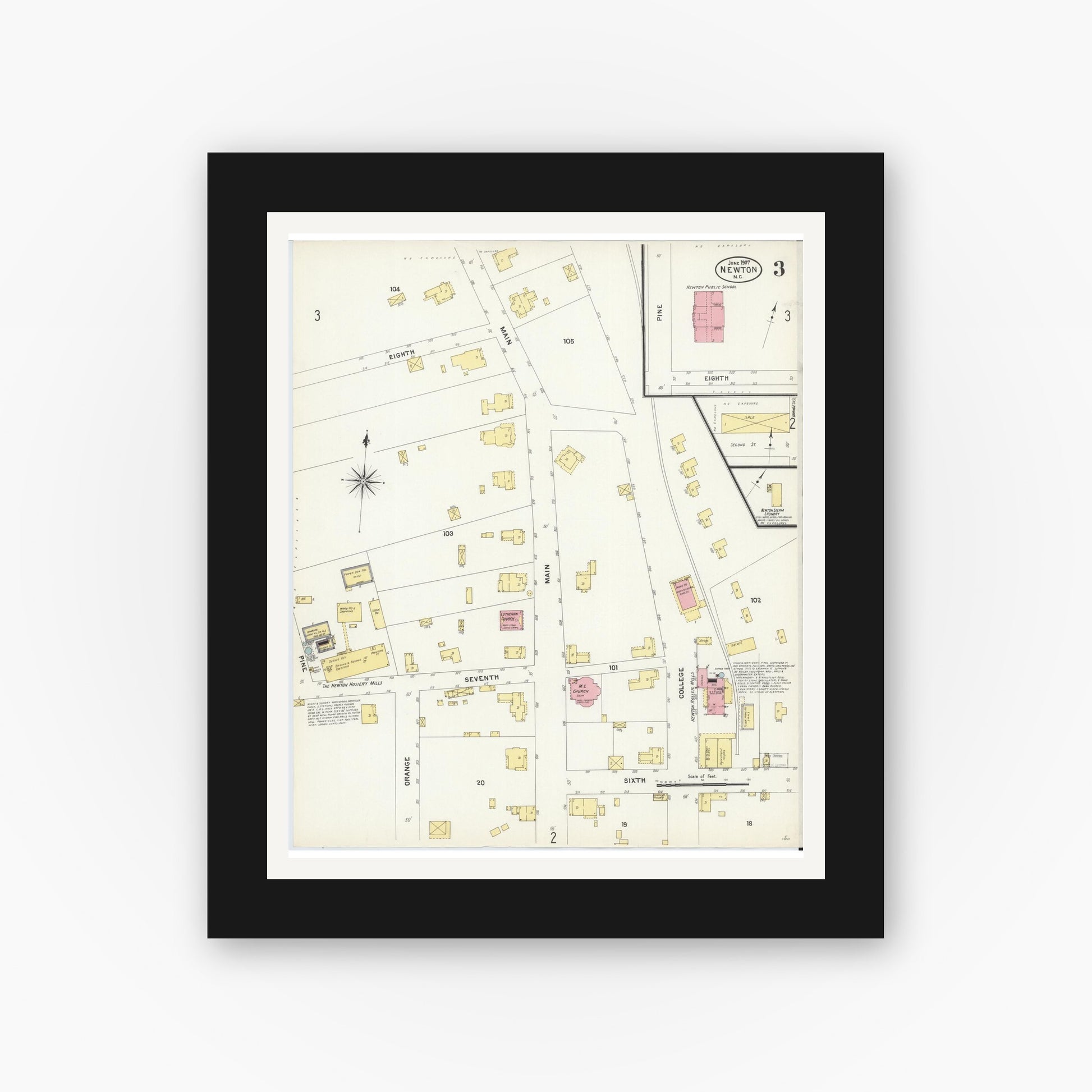 Old map wall art mockup — black gallery frame with white mat — Sanborn Fire Insurance Map from Newton, Catawba County, North Carolina (1907), Sheet #0003